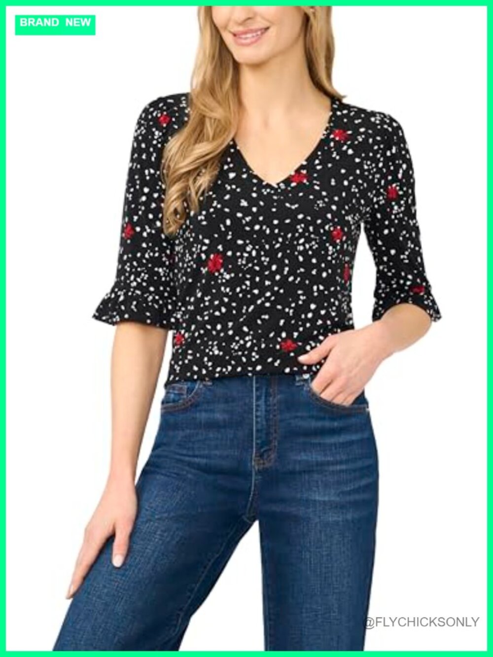 CeCe Floral V-Neck Elbow Sleeve Blouse with Ruffle Cuff
